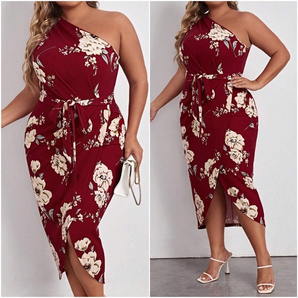 Plus Luxe Floral Print One Shoulder Belted Evening Party Dress - Picture 5 of 6